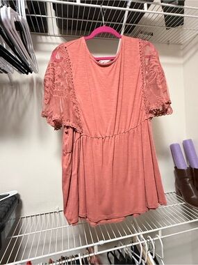 Lace-Sleeve Coral Peplum Tunic Top